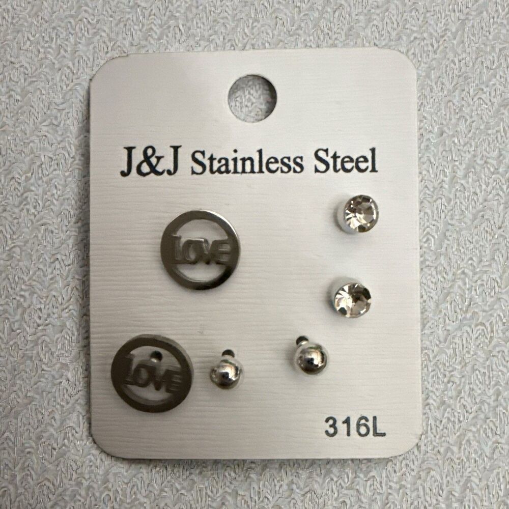 Stainless Steel Stud Earring Set  | Love | 3 Pair | Hypoallergenic